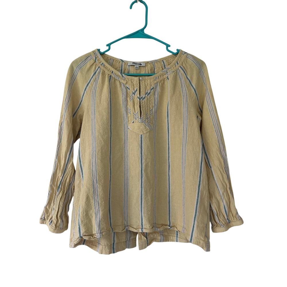 Madewell Linen Blend Striped Peasant Top Yellow Boho open Tie back vacation S